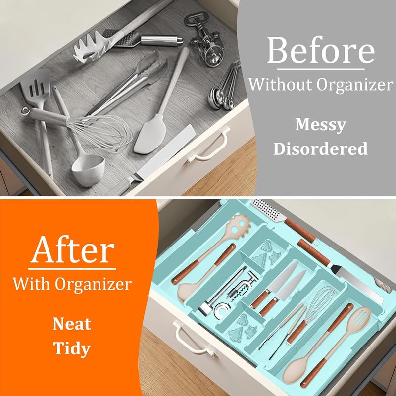 Spaclear Large Utensil Drawer Organizer Expandable Silverware Organizer for Kitchen Drawer Adjustable Cooking Utensil Holder Cutlery Flatware Tray Spatula Tools Gadgets Storage Dividers Plastic Turquoise - Image 3